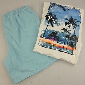 SHEIN Blue and White Tropical Print T-Shirt and Shorts Set Size XL CC-2930